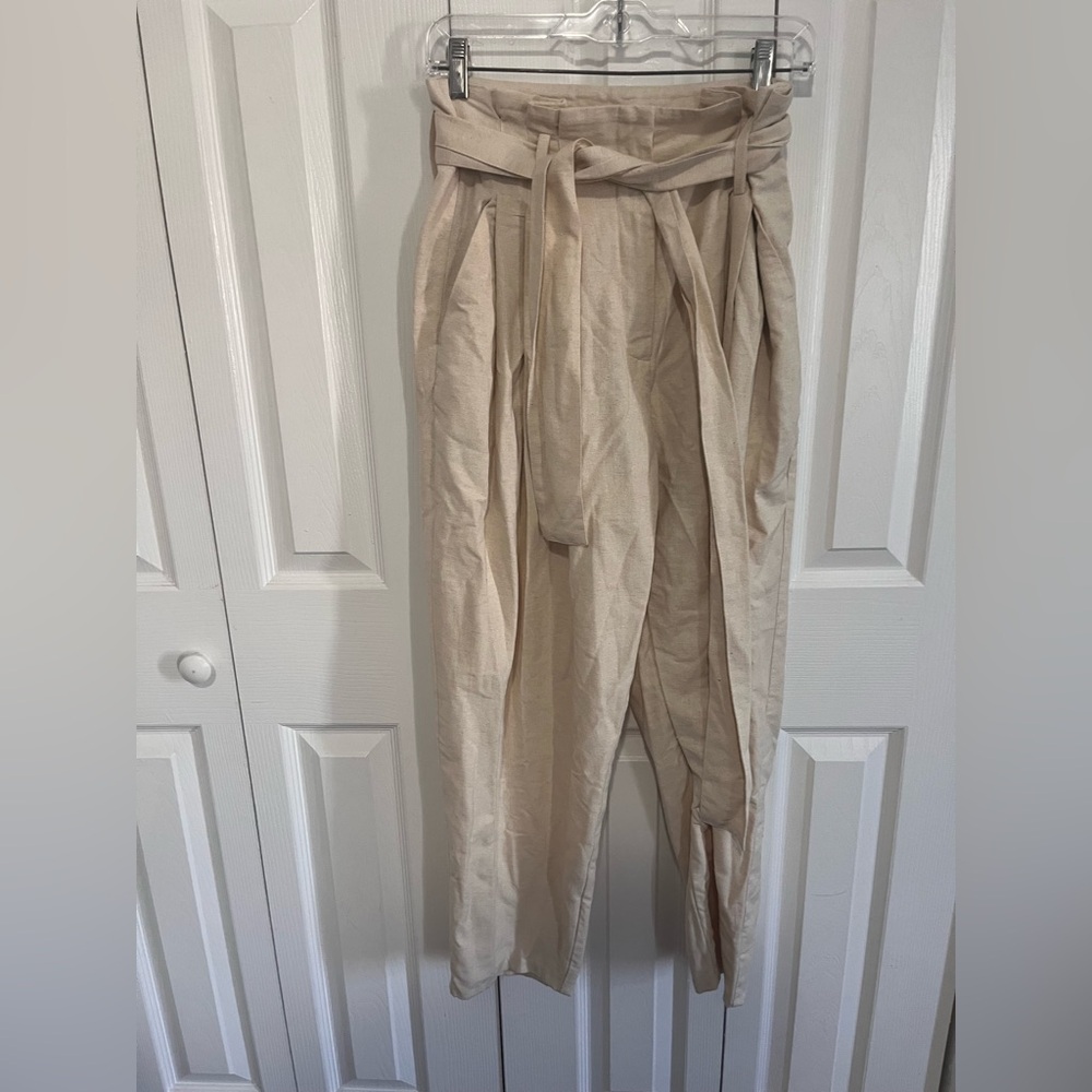LAUDE THE LABEL Beige Linen Pleated Trousers Matching Tie Belt Cream Size 4